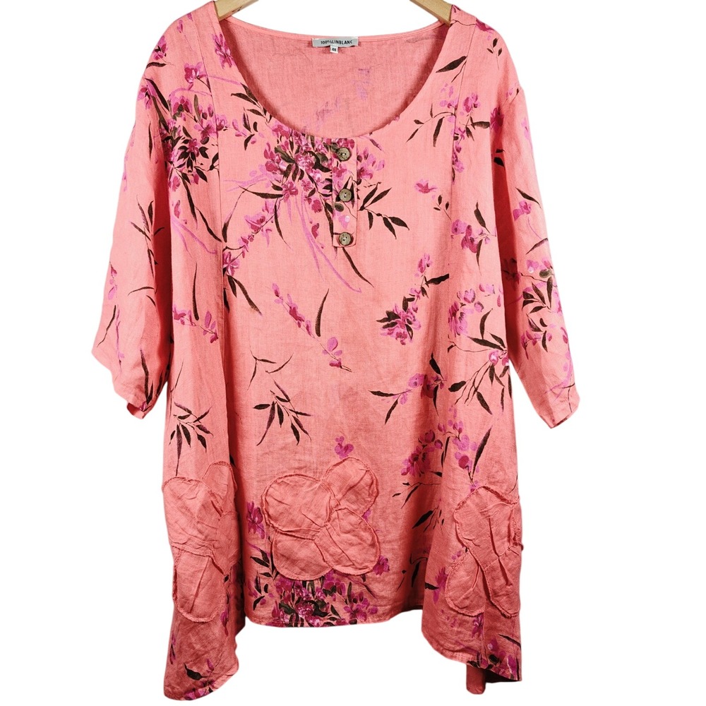 LINBLANC Women 48 Floral Print Coral Linen Tunic Top 3/4 Sleeve Button Up sz 16